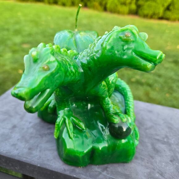 Mythical Candle Two Headed Green Dragon Red Eyes Holding Sphere Unburned *read* - Picture 6 of 15